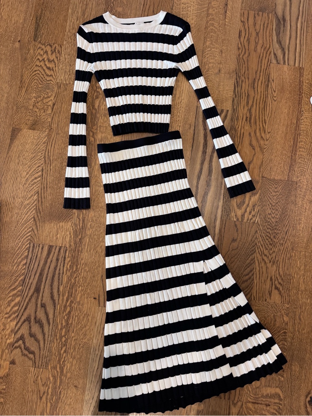 Black & White Striped Ribbed Maxi Skirt and Top set - Women